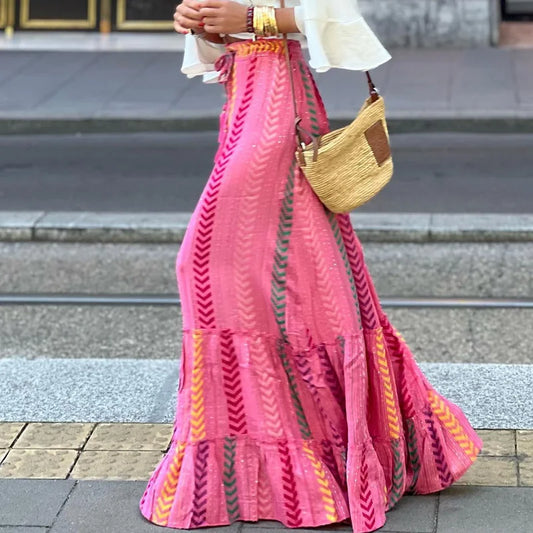 Elegant High Waist Vintage Patterned Print Boho Long Maxi Skirt