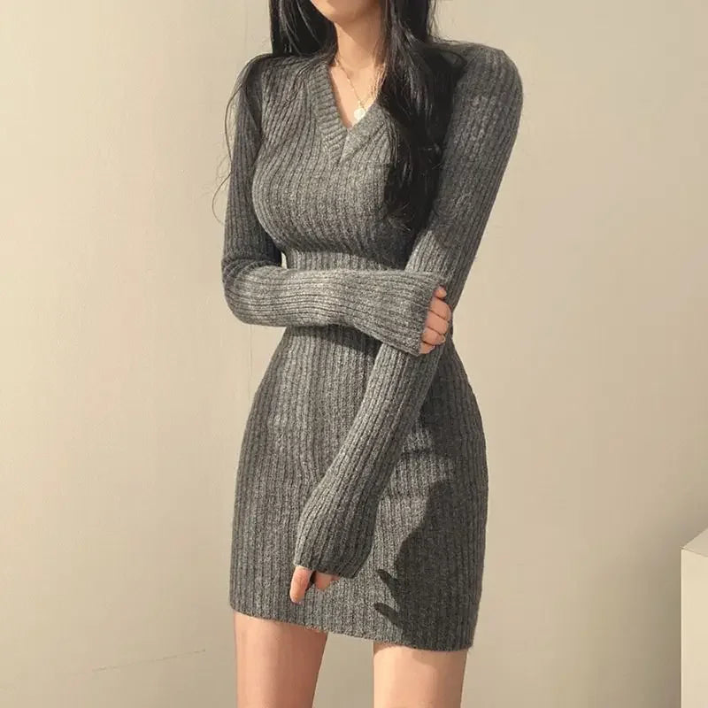 Knit V-Neck Long Solid Casual Sweater Autumn Winter Midi Dresses