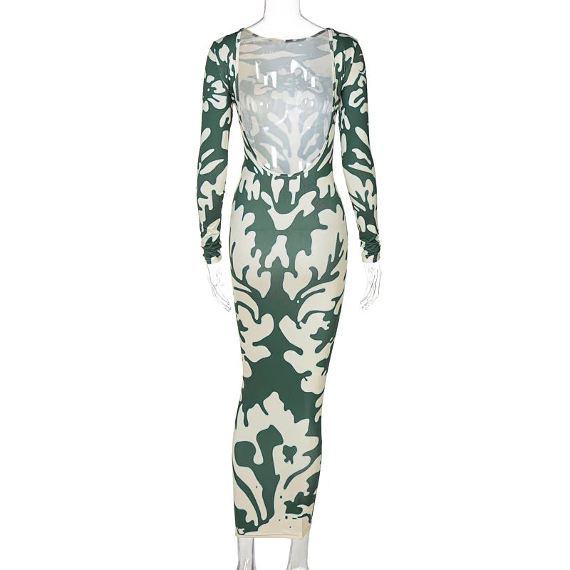 Backless High Waist Fashion Long Sleeve Midi Dress