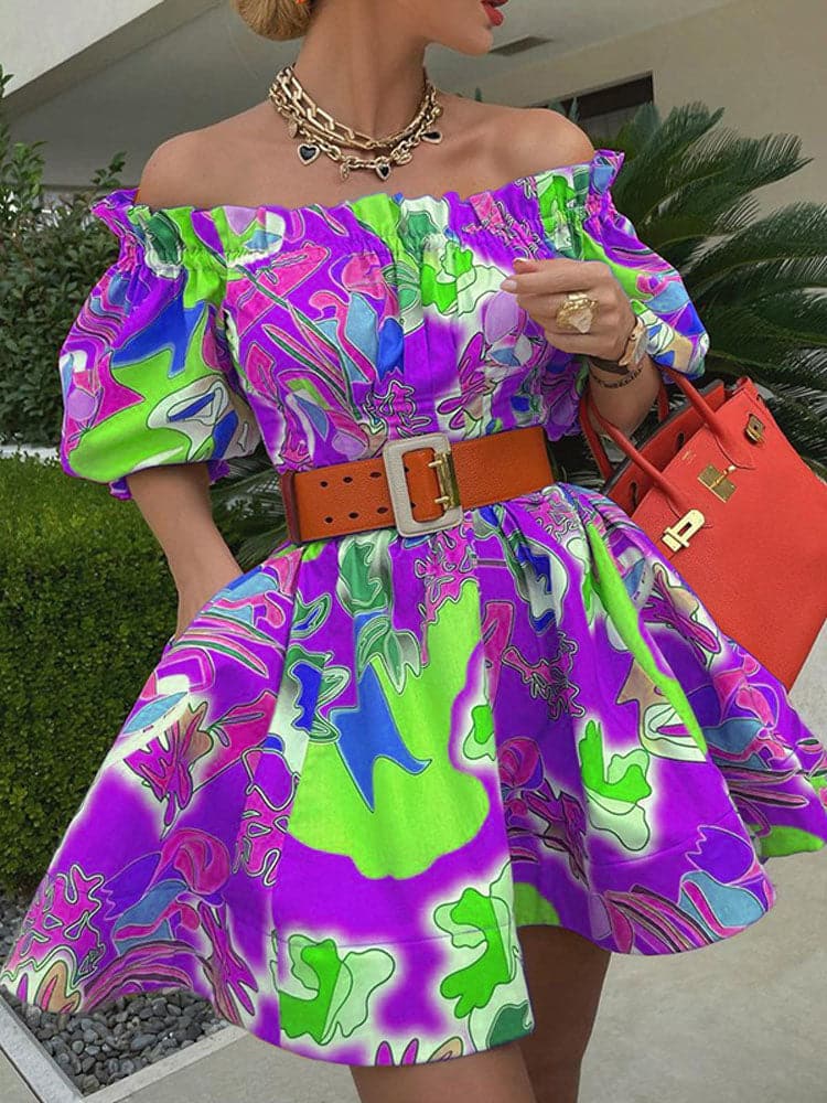 Off Shoulder Ruffle Belted Tunic Dress