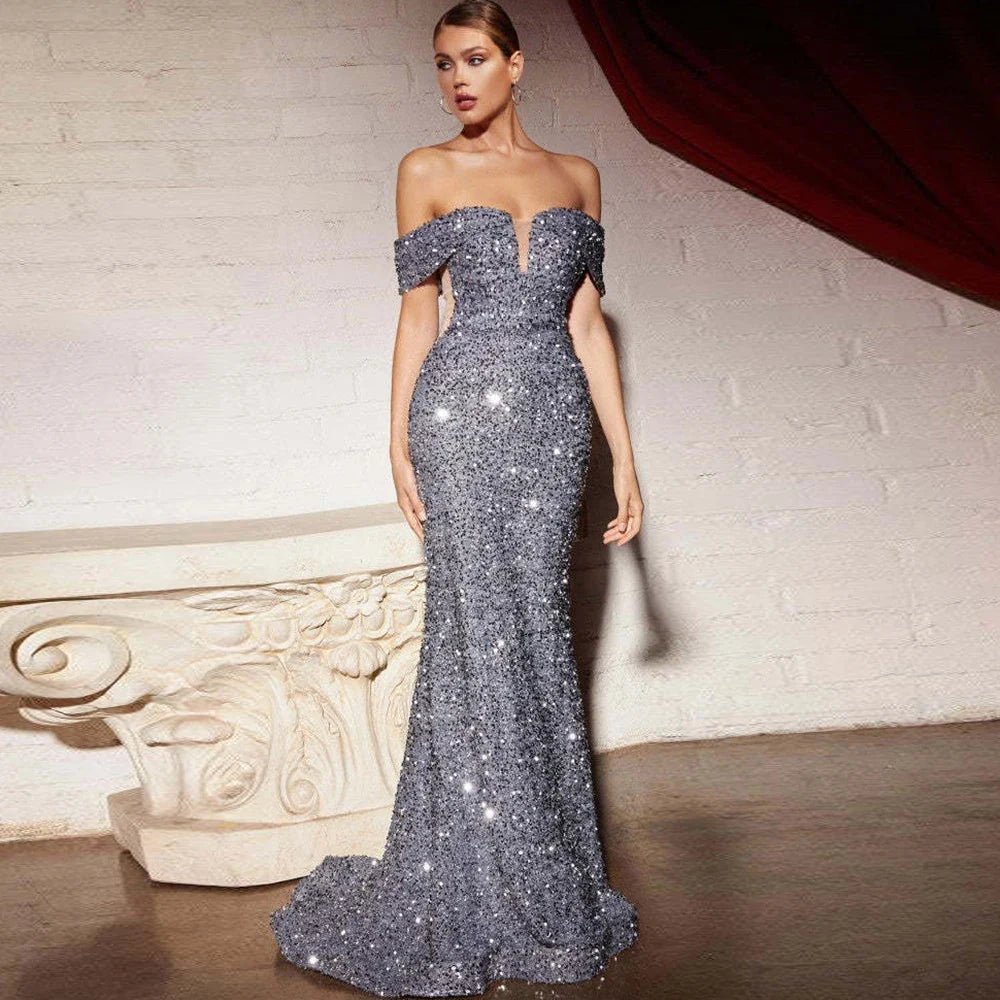 Vintage Sequined V-Neck Slim Evening Maxi Dress