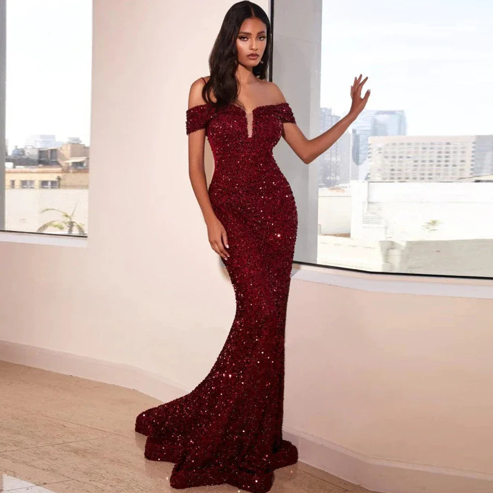 Vintage Sequined V-Neck Slim Evening Maxi Dress