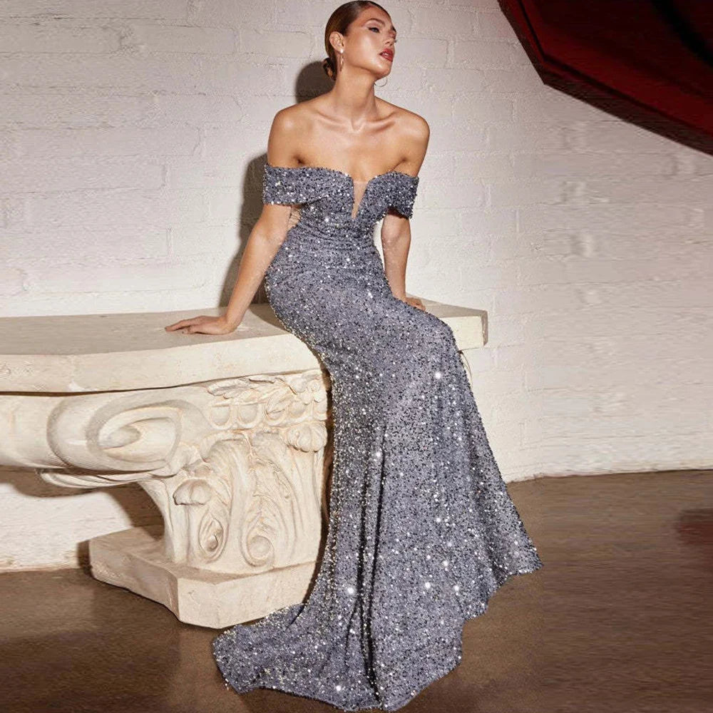 Vintage Sequined V-Neck Slim Evening Maxi Dress