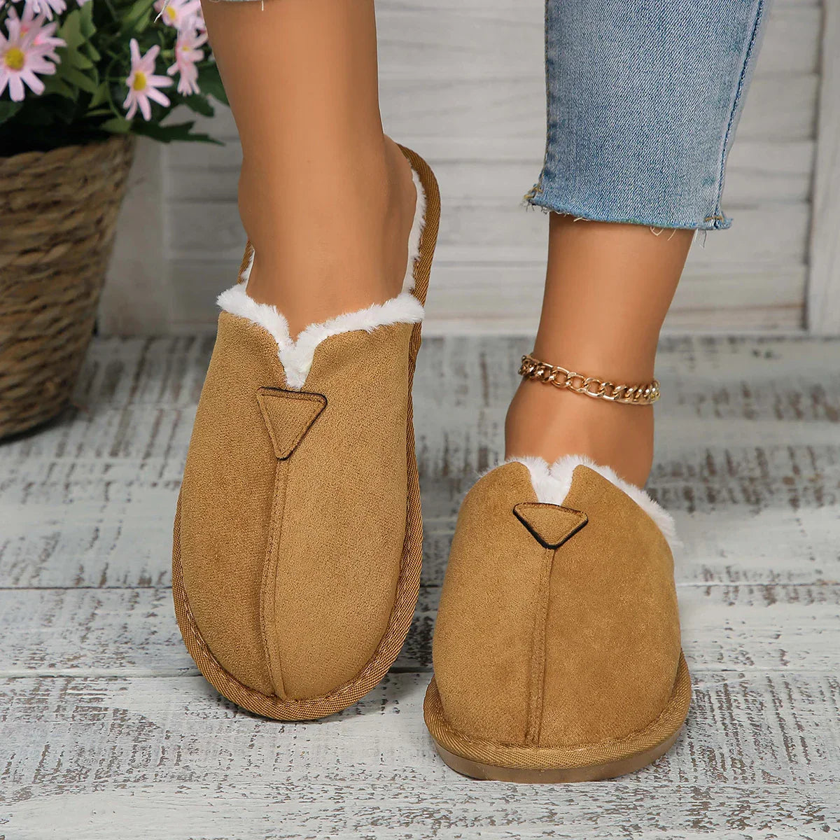 Warm Fur Cotton Slippers Flats Shoe Suede Winter Short Plush Luxury Fashion Casual Non-Slip Snow Boots Mujer Zapatos Mules