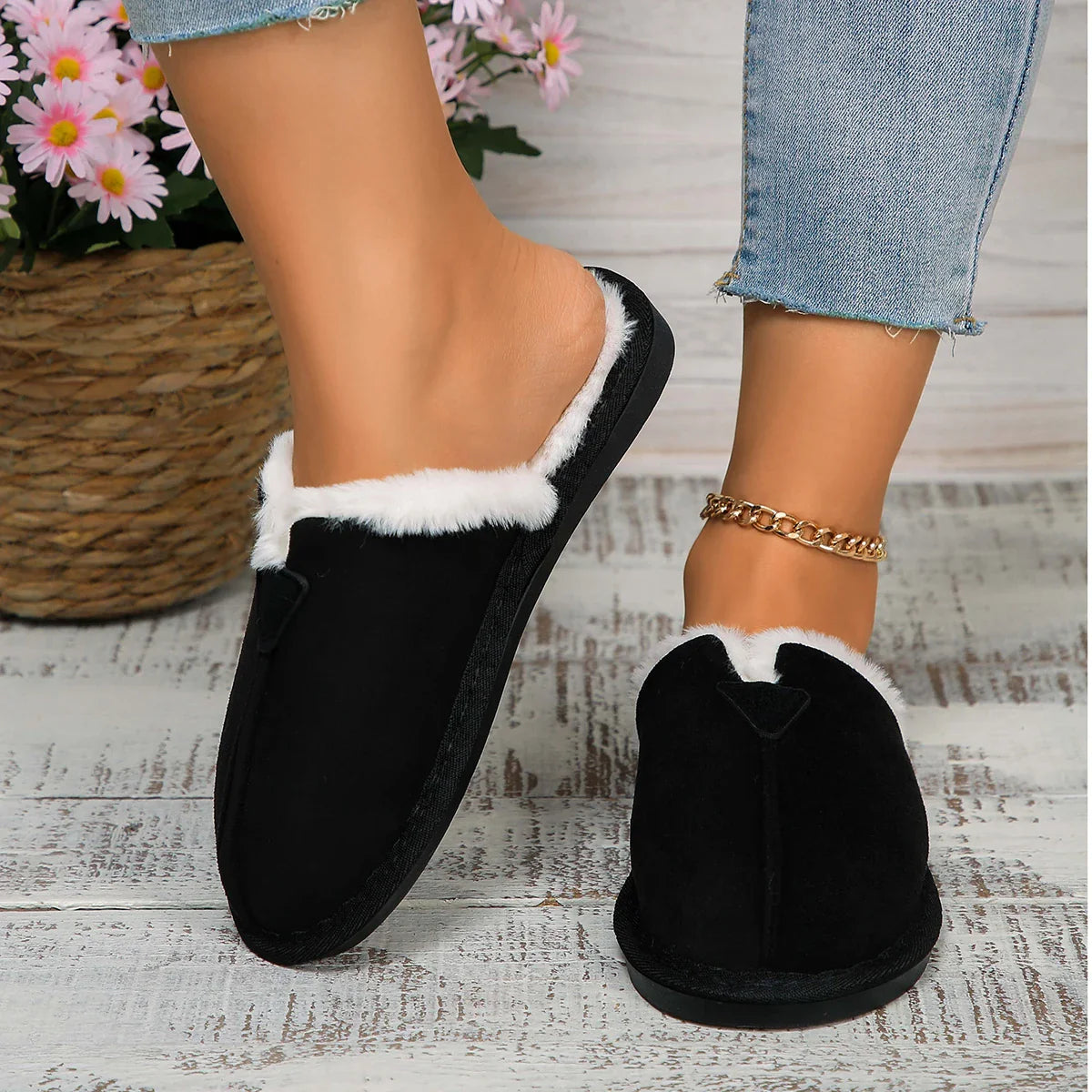 Warm Fur Cotton Slippers Flats Shoe Suede Winter Short Plush Luxury Fashion Casual Non-Slip Snow Boots Mujer Zapatos Mules
