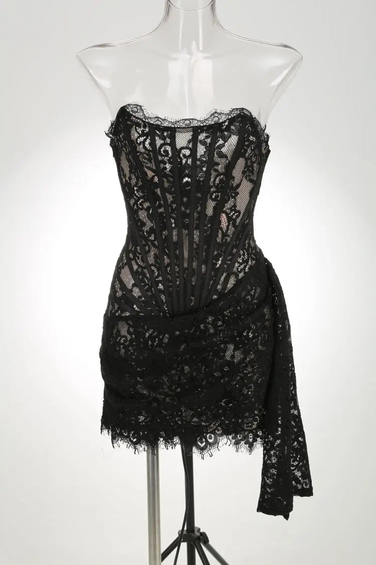 Pleated Evening Gowns Lace Patchwork Party Clothes Lace Dress