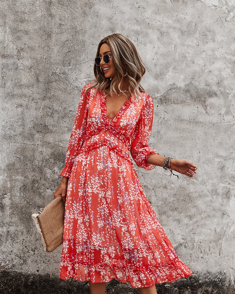 Spring And Summer Popular V-neck Simple Printed Dress