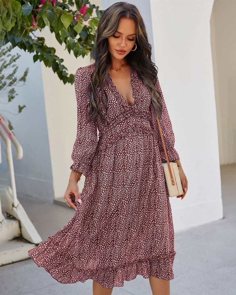 Spring And Summer Popular V-neck Simple Printed Dress