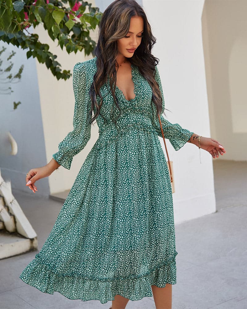 Spring And Summer Popular V-neck Simple Printed Dress