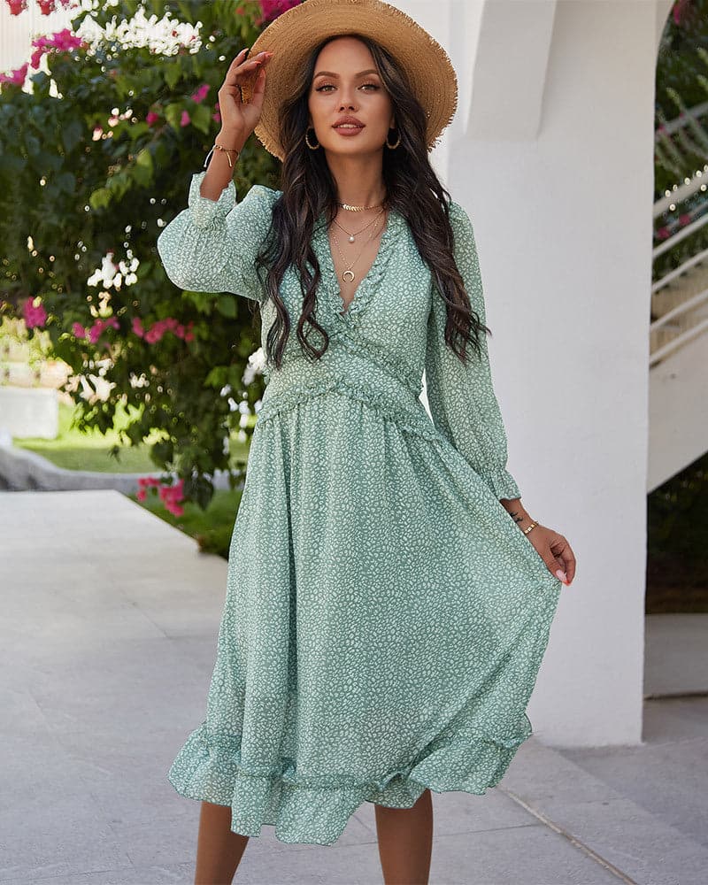 Spring And Summer Popular V-neck Simple Printed Dress
