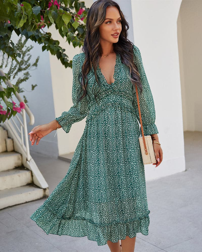 Spring And Summer Popular V-neck Simple Printed Dress