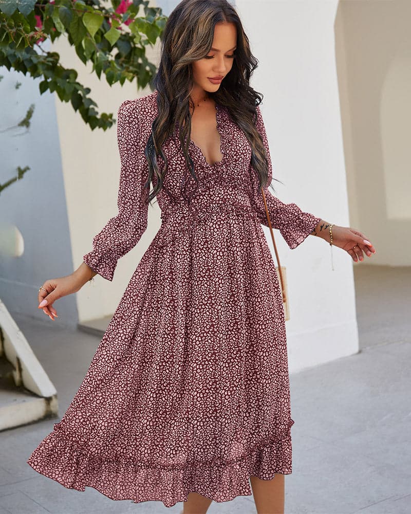 Spring And Summer Popular V-neck Simple Printed Dress