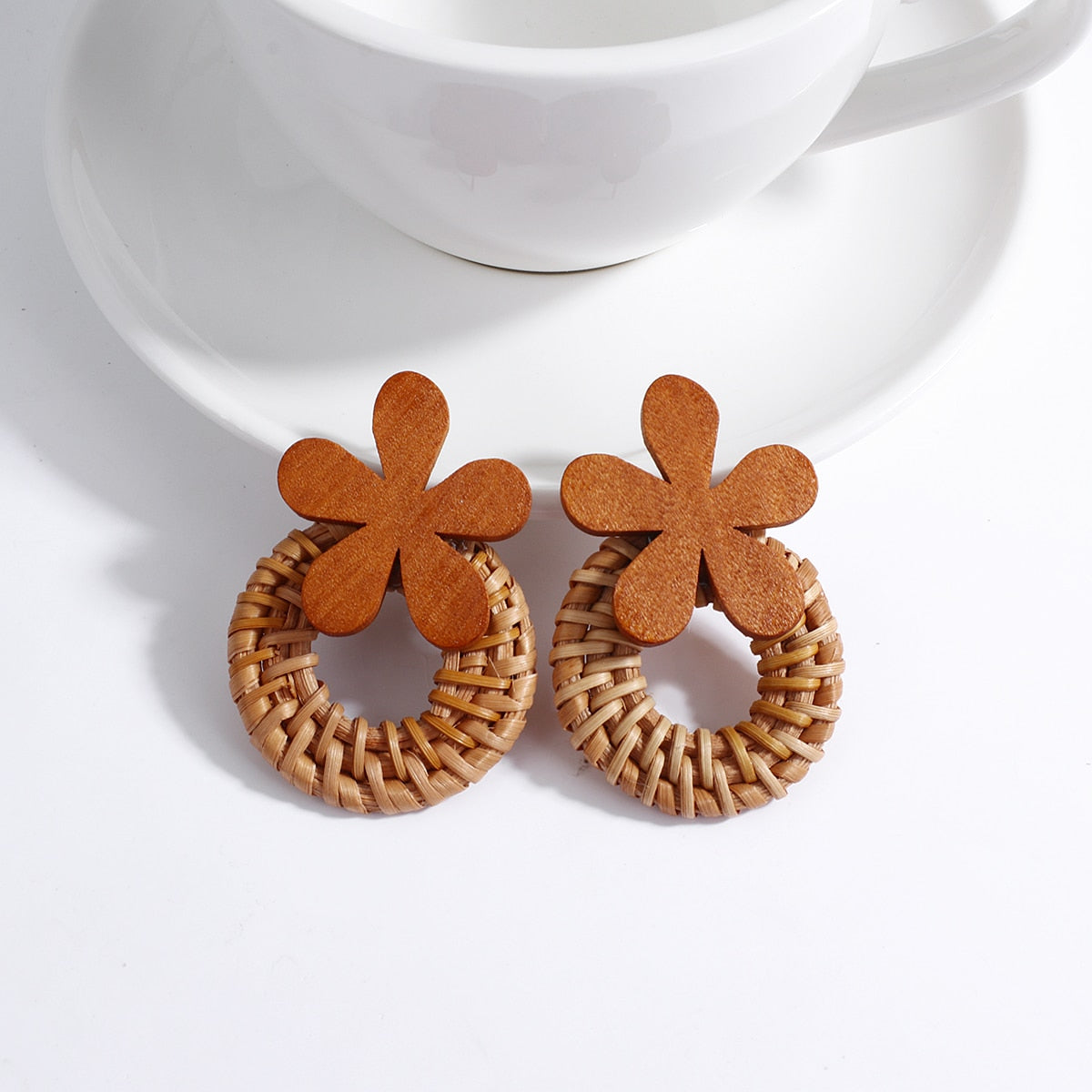 Wooden Beads and Rattan Boho Earrings