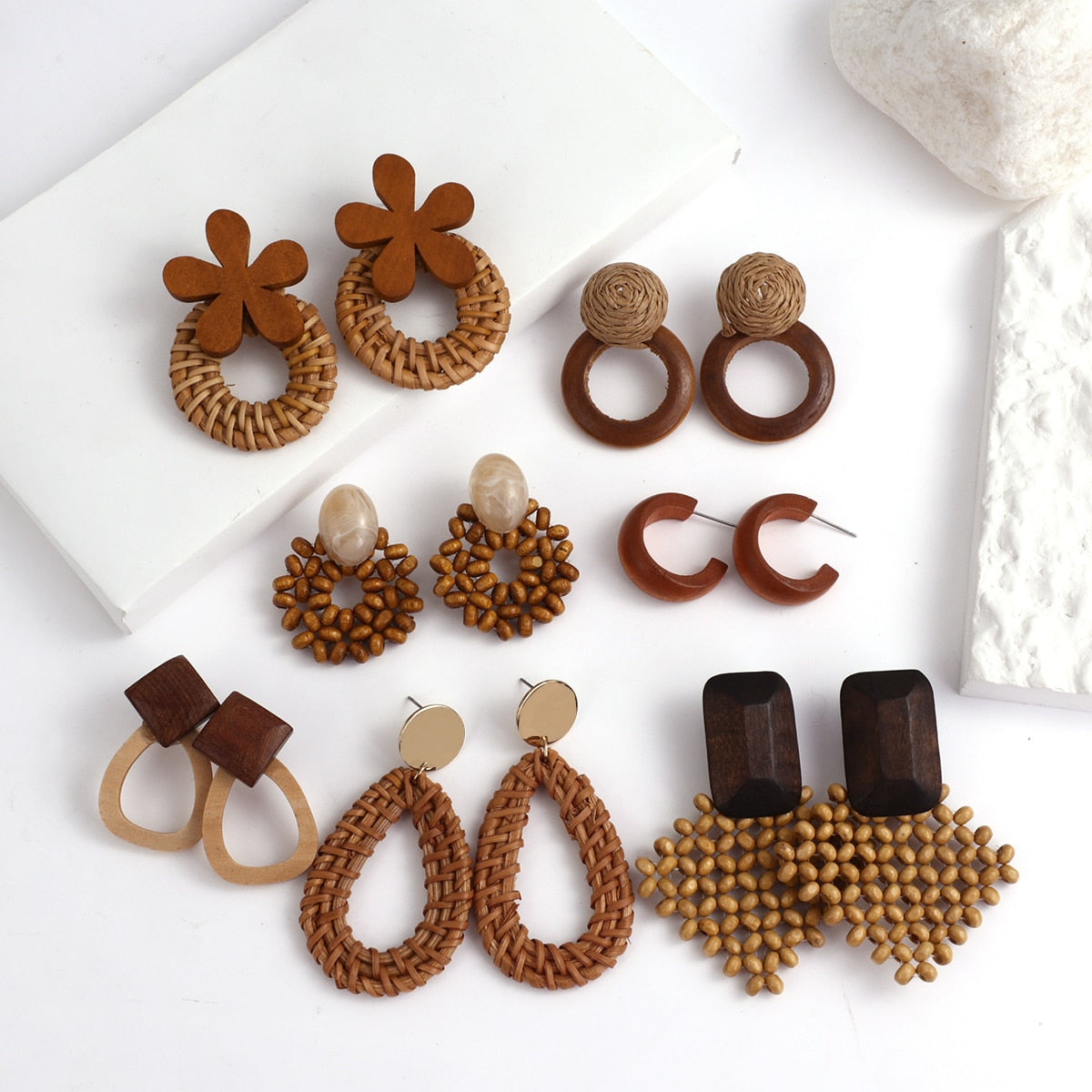 Wooden Beads and Rattan Boho Earrings