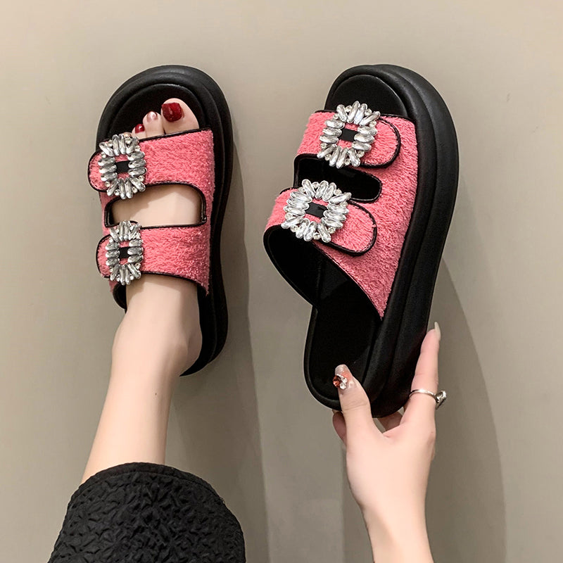 Wren Rhinestone Buckle French Terry Sandals