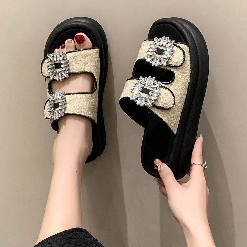 Wren Rhinestone Buckle French Terry Sandals