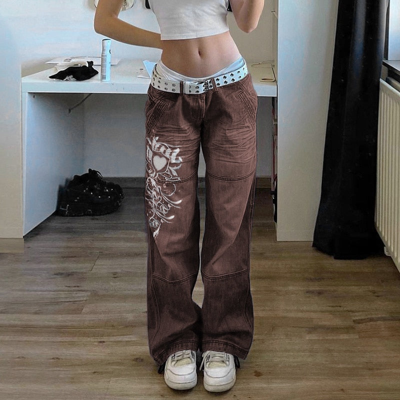 Y2K Jeans Low Rise Trousers Blue Vintage Gothic Print Baggy Casual Wide Leg Denim Aesthetic