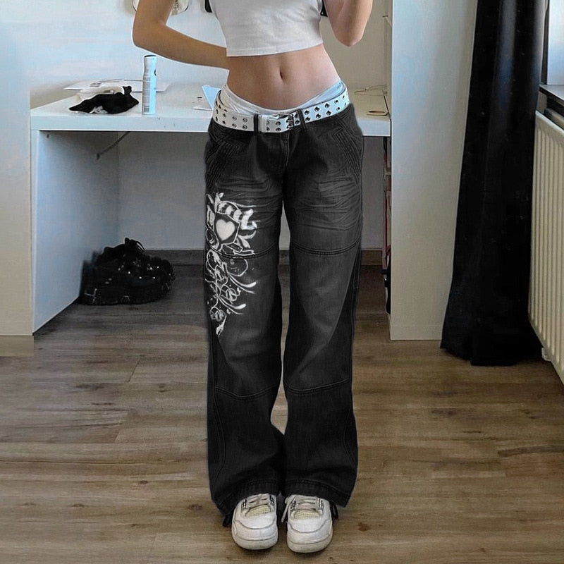 Y2K Jeans Low Rise Trousers Blue Vintage Gothic Print Baggy Casual Wide Leg Denim Aesthetic