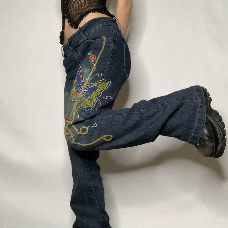 Y2K Jeans Low Rise Trousers Blue Vintage Gothic Print Baggy Casual Wide Leg Denim Aesthetic