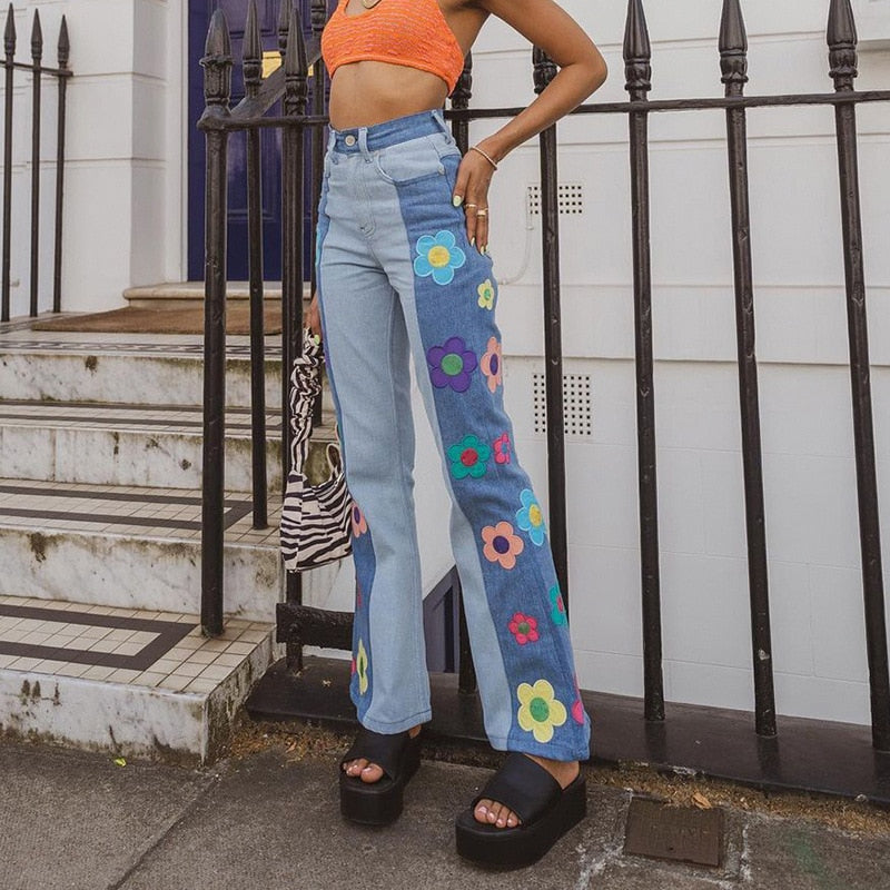 Y2K Jeans Low Rise Trousers Blue Vintage Gothic Print Baggy Casual Wide Leg Denim Aesthetic