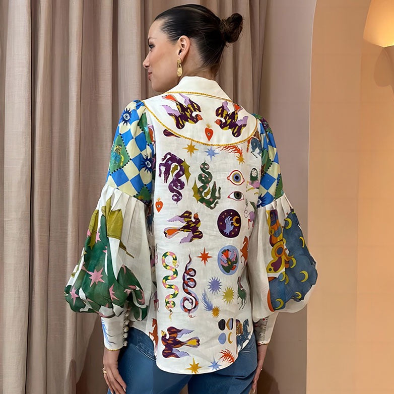 Yves Colorful Artwork Victorian Blouse