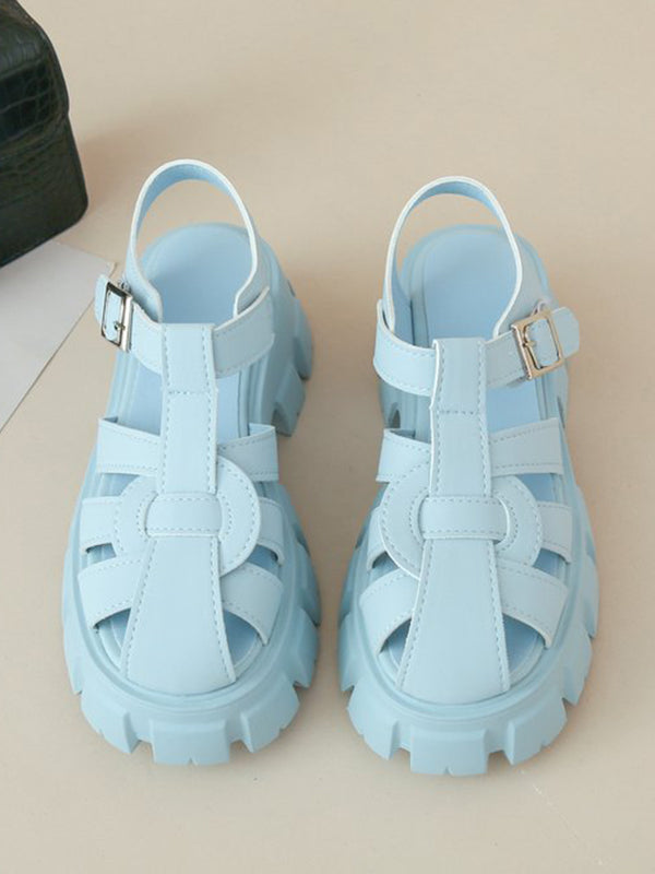 Belt Buckle Hollow Round-Toe Split-Joint Sandals Platform Shoes Gladiators