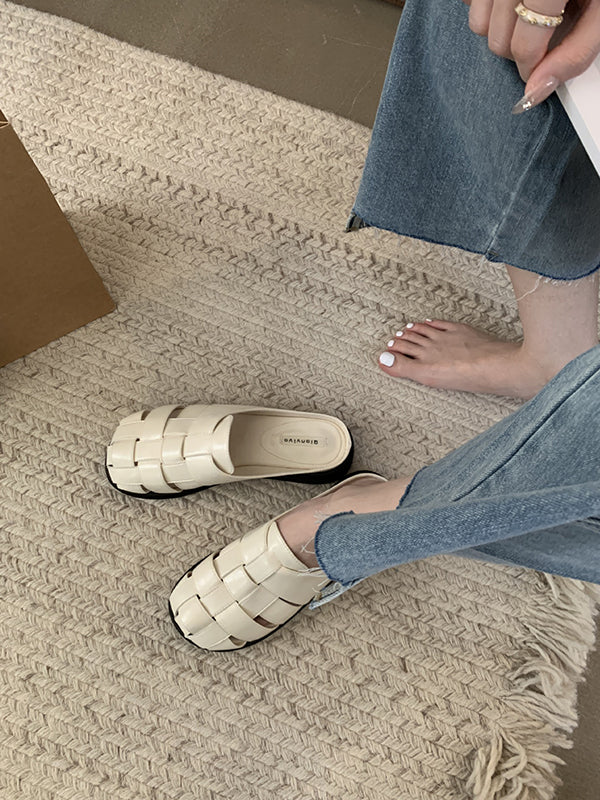 Hollow Round-Toe Split-Joint Woven Slippers&Mules Sandals