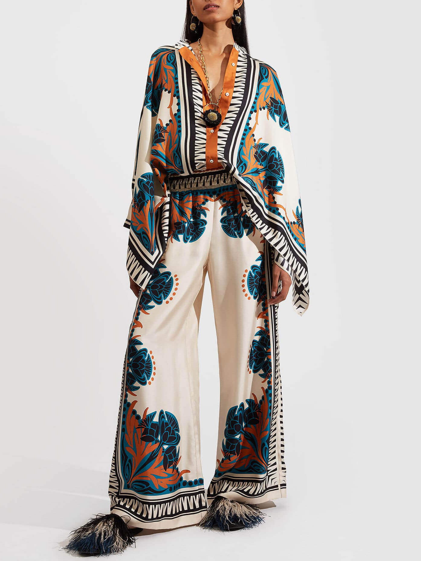 Fine Satin Floral Print Batwing Sleeve Pant Set