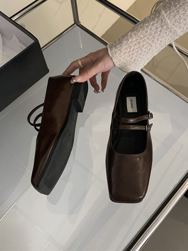 Belt Buckle Shallow Cut Split-Joint Square-Toe Mary Janes Flats