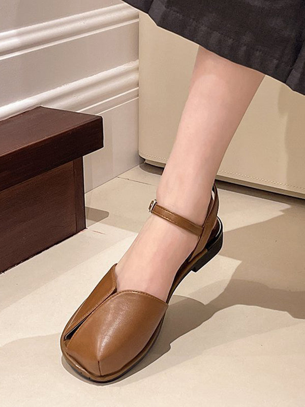 Belt Buckle Hollow Split-Joint Square-Toe Sandals Flat Shoes