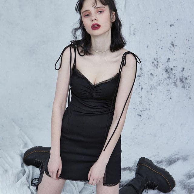 Spaghetti Straps Bodycon Gothic Black Dress Streetwear Black Lace Up Mini Female Dress Casual Purple Dress