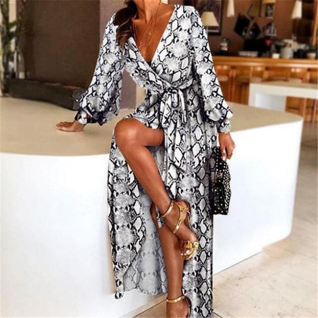 Boat Neck Glitter Deep V Neck Print Party Dress