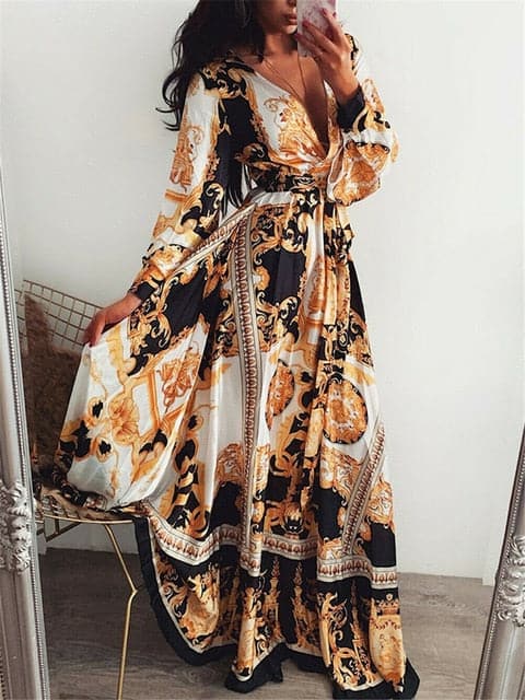 Boat Neck Glitter Deep V Neck Print Party Dress