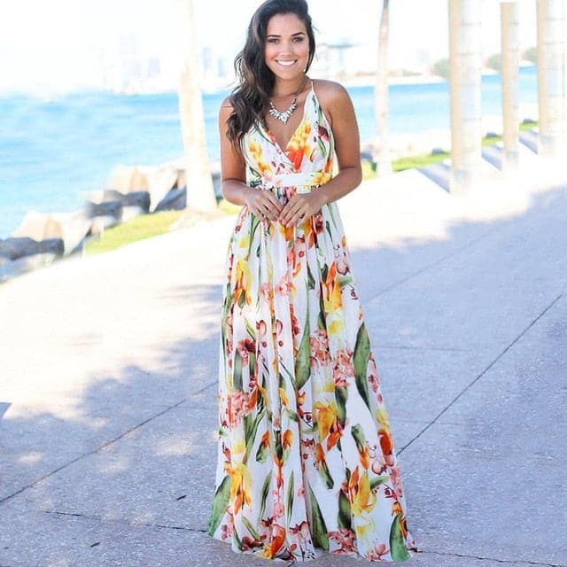 Women's Sling Floral Long Dresses arrival Summer Boho V-Neck Sleeveless Party Beach Floarl Print Maxi Dress Casual Sundress