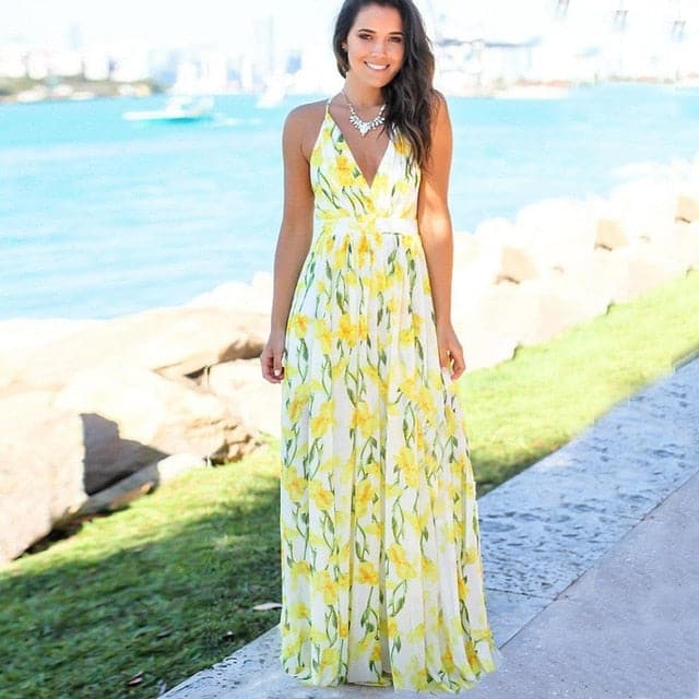 Women's Sling Floral Long Dresses arrival Summer Boho V-Neck Sleeveless Party Beach Floarl Print Maxi Dress Casual Sundress