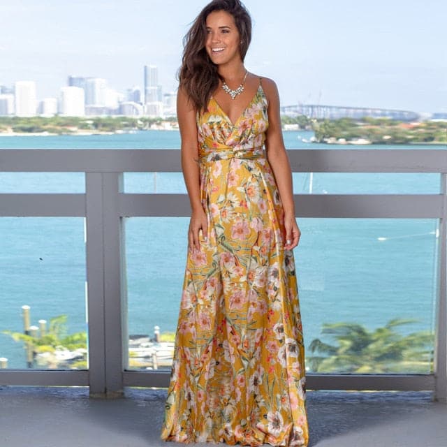Women's Sling Floral Long Dresses arrival Summer Boho V-Neck Sleeveless Party Beach Floarl Print Maxi Dress Casual Sundress