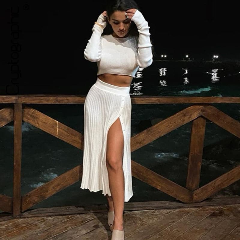 Solid Sweater Cropped Top Midi Skirt Two Piece Set Matching Set Outfits Button Up Split Skirts Winter