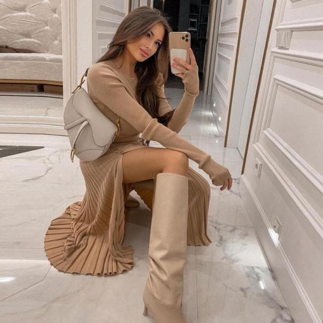 Solid Sweater Cropped Top Midi Skirt Two Piece Set Matching Set Outfits Button Up Split Skirts Winter