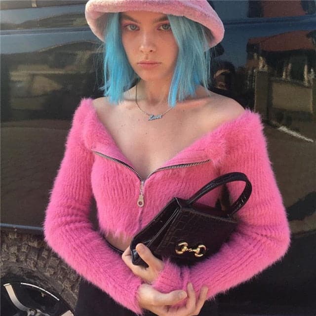 Sweet Girl Pink Fluffy Front Zipper Off Shoulder One-line Neck Slim Knit Top
