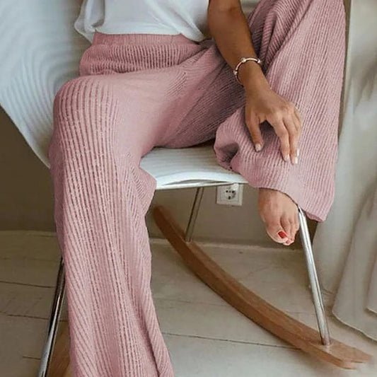 Elegant Solid Ribbed Knitted Pants