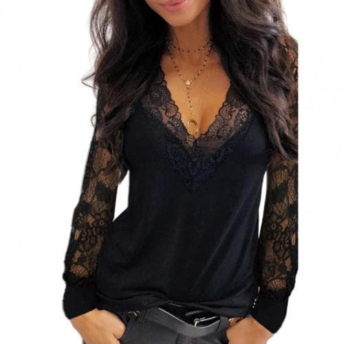 Female Tops Pullover Deep V Neck Lace Trim See Through Long Sleeve Blouse Top Blouse Solid Vintage Blouse Shirts