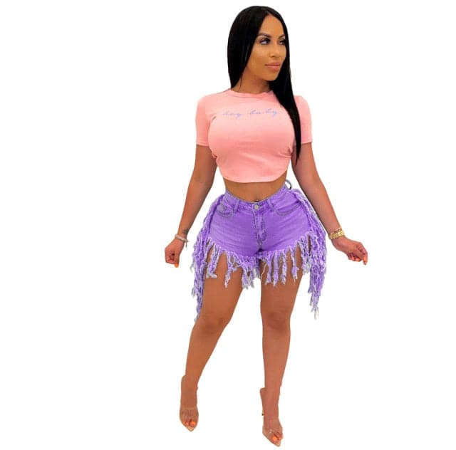 High Waist Fashion Tassel Denim Shorts