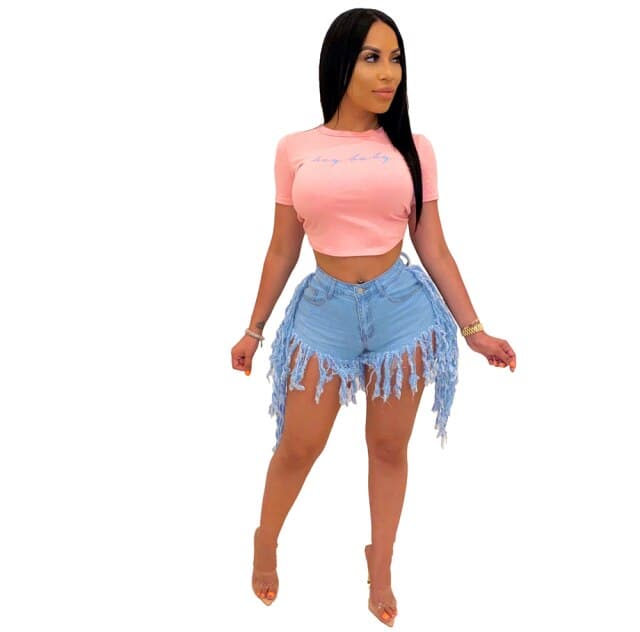 High Waist Fashion Tassel Denim Shorts