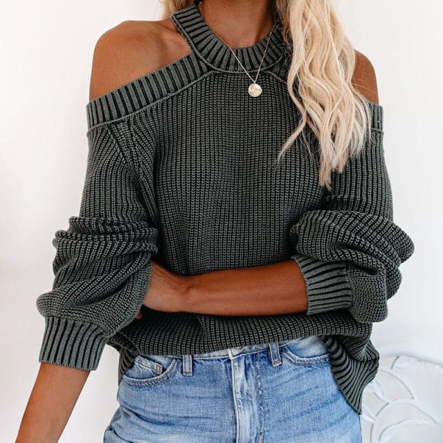 Hollow Out Sweater Backless Halter Cross Fashion Solid Jumper Autumn Winter New Oversize Puff Sleeve Sweaters Tops