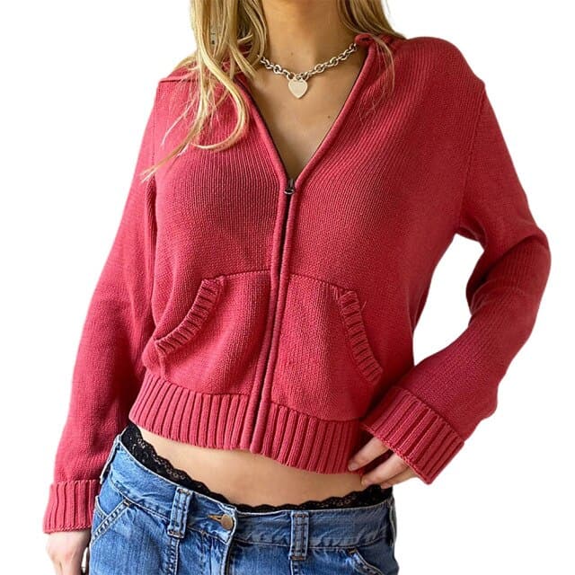 Vintage Braun Solide Mit Pullover Frauen Herbst Winter Laterne Sleeve Zip Up Jacke Strickjacke Hoodies