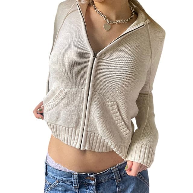 Vintage Braun Solide Mit Pullover Frauen Herbst Winter Laterne Sleeve Zip Up Jacke Strickjacke Hoodies