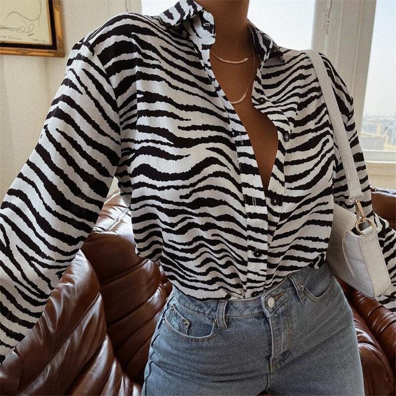 Fashion Down Lapel AbstractZebra Print Loose Tops