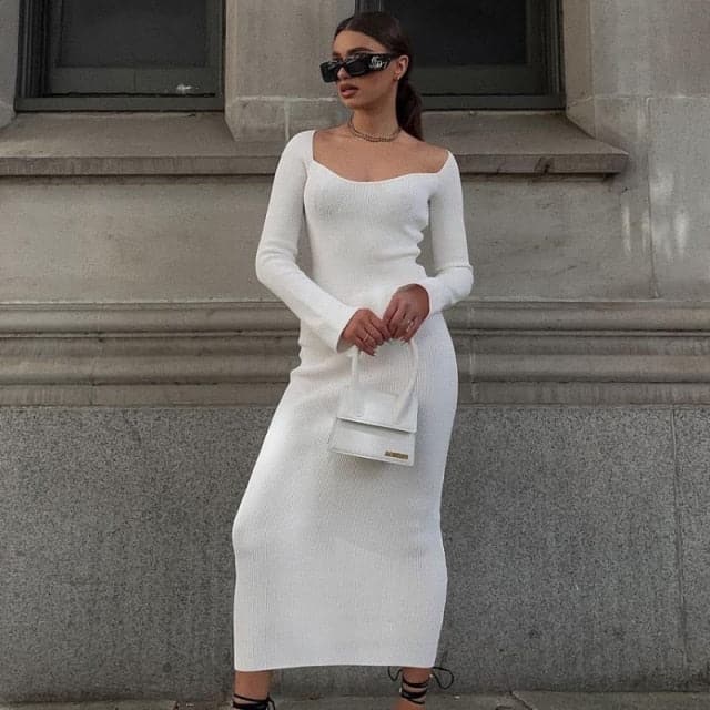 Square Neck Long Sleeve Soft Sweater Dress