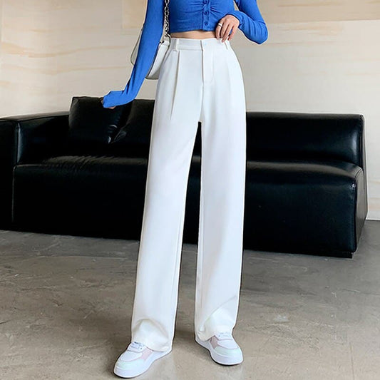 High Waist Floor-Length Suits Pants Autumn Winter White Loose Wide Leg Pants Female Office Ladies Straight Long Trousers