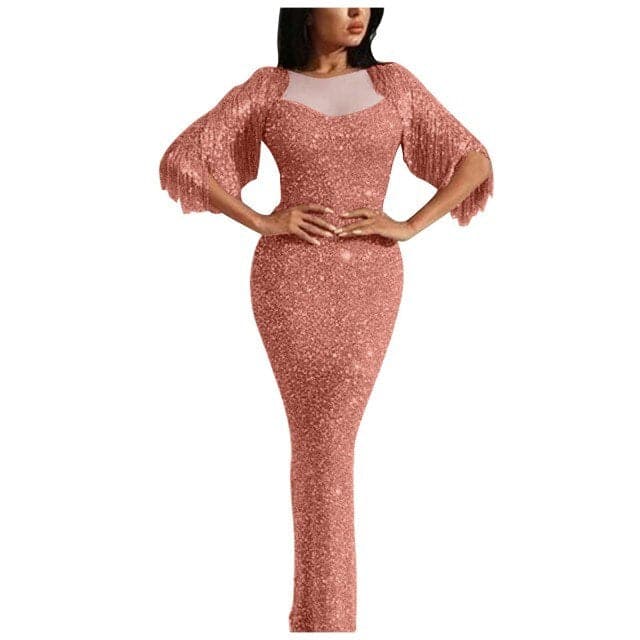 Ladies V-neck long-sleeved tassel dinner dress bag hip dress dress long dresses evening